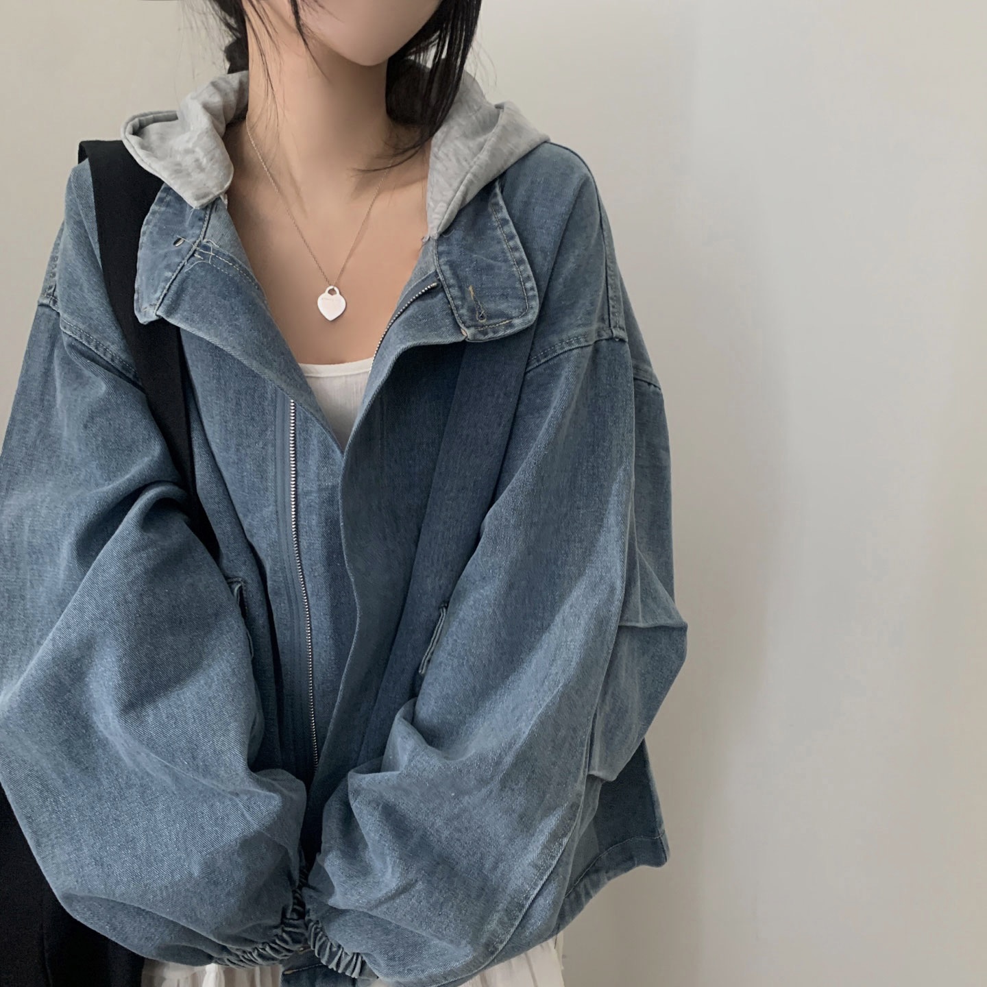 INS韓國連帽假兩件夾克女春季新款男友風慵懶寬鬆顯瘦牛仔外套