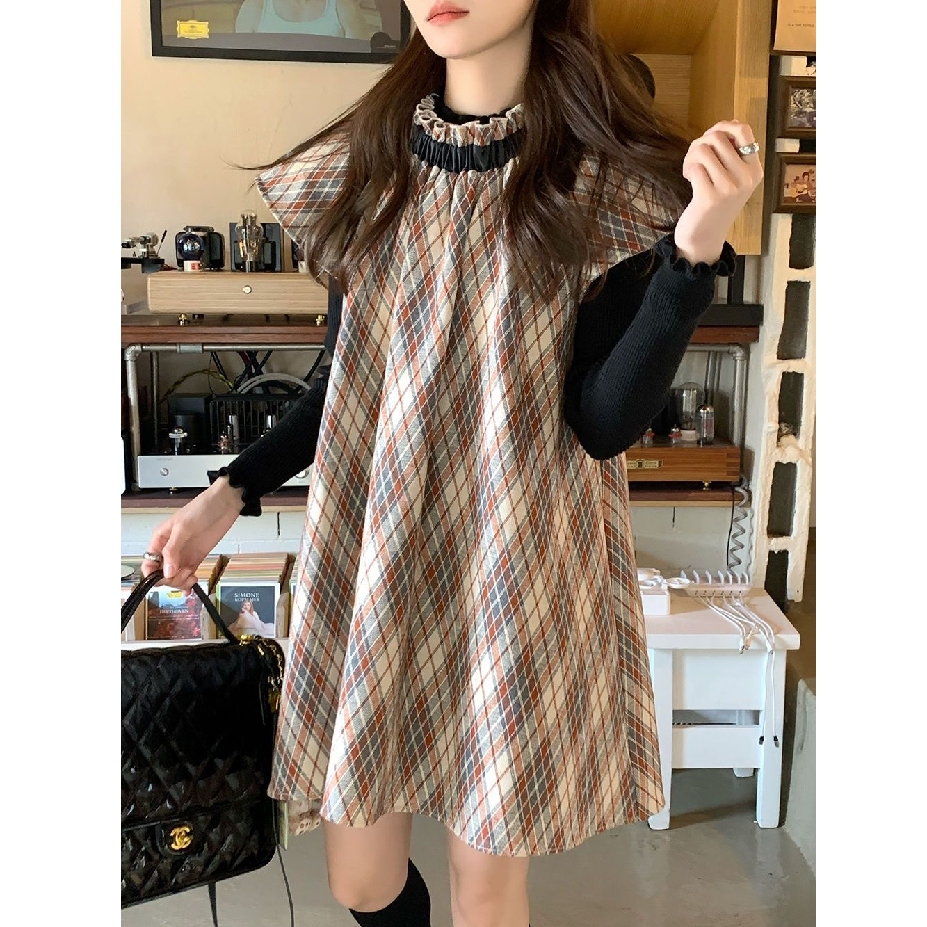 甜美少女感減齡百搭寬鬆顯瘦chic小飛袖連衣裙黑色打底衫套裝女