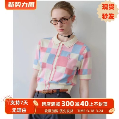 2024春裝新款設計感彩色格紋短袖翻領針織衫