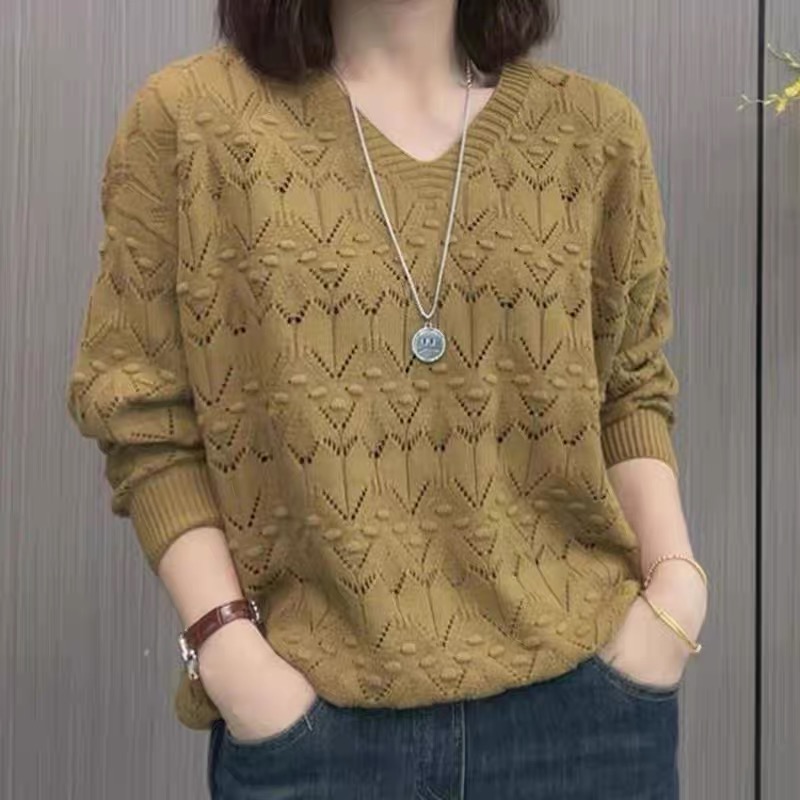 大碼女裝時尚洋氣v領鏤空顯瘦氣質上衣針織衫百搭長袖秋冬女