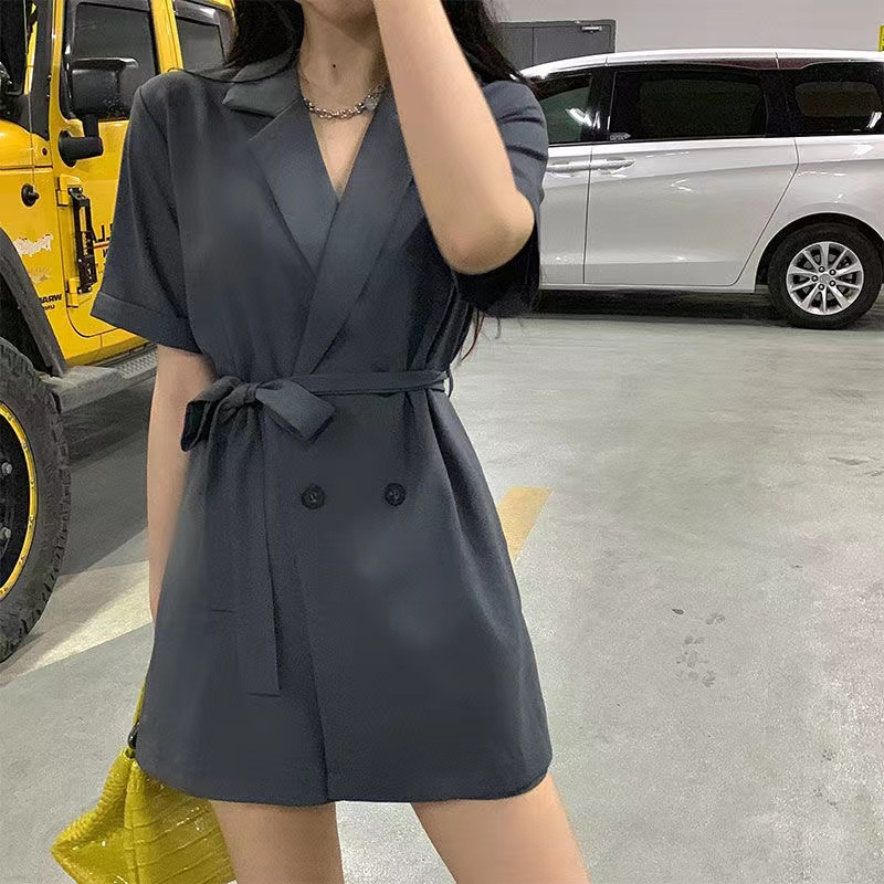 韓國 新款西裝連體短褲女夏季薄款高腰寬鬆西裝闊腿連衣褲裙