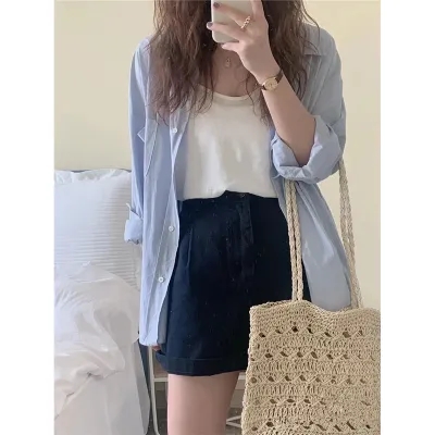 藍色薄款防曬襯衫上衣女夏季設計感小眾寬鬆別致氣質長袖襯衣外套