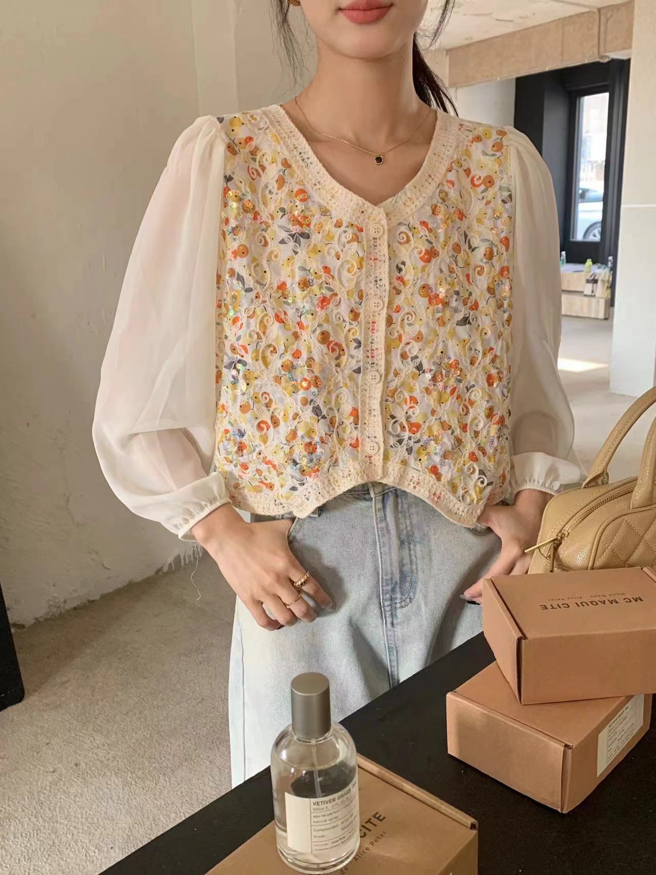 別致獨特刺繡勾花拼接雪紡長袖襯衫女春秋2024新款小個子短款上衣