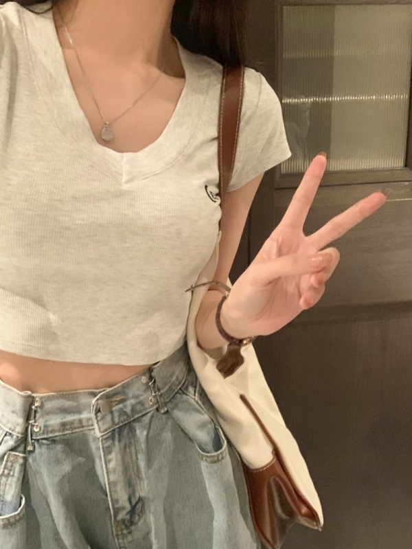 實拍  40支純棉 2024夏裝刺繡字母高腰短款短袖T恤女ins