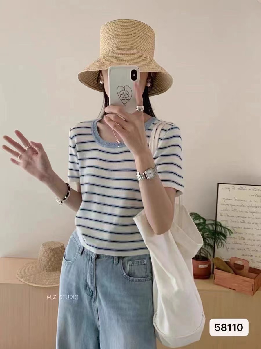 2024夏季新款美式辣妹U領彩色條紋顯瘦短袖上衣女