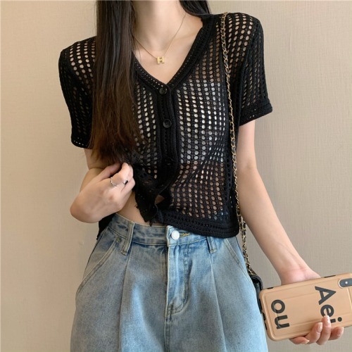 Actual shot Korean style simple V-neck hollow striped short-sleeved knitted cardigan women's jacket top