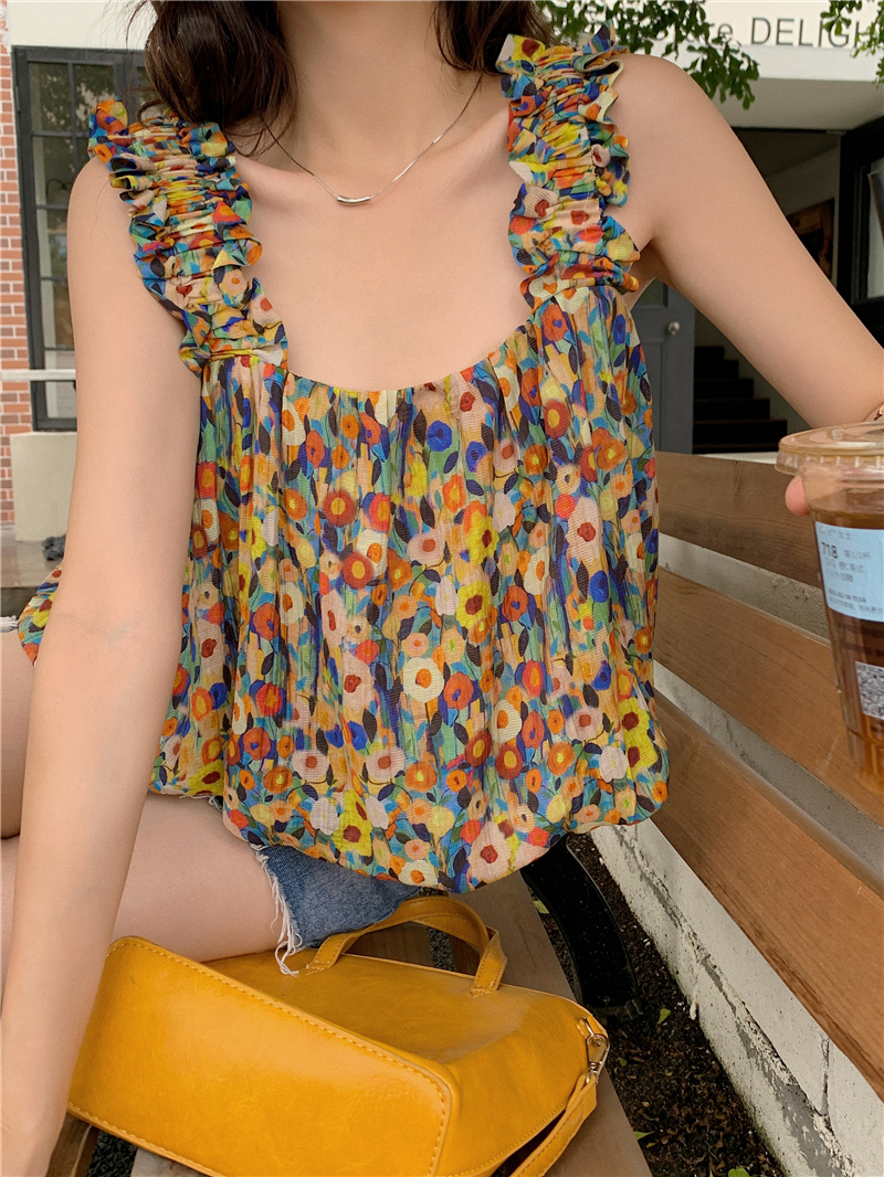 小眾復古碎花吊帶背心女裝夏季減齡寬鬆別致短款外穿上衣