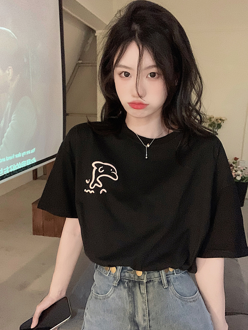 卡通小海豚短袖T恤女夏裝小眾百搭寬鬆上衣潮