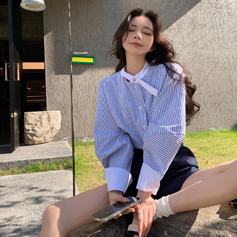 2024新款設計感小眾藍色條紋襯衫上衣女裝獨特别致小衫襯衣春秋款