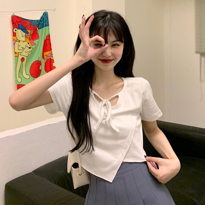 棉螺紋 不規則綁帶百搭短袖T恤女夏季韓版2024韓版顯瘦短款上衣