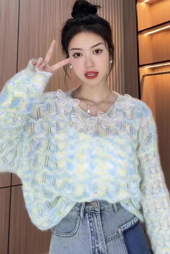 設計感鏤空毛衣針織衫秋季2024年新款韓版寬鬆顯瘦長袖上衣女