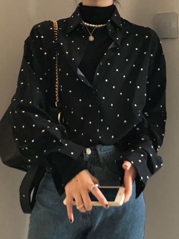 韓國chic復古赫本風翻領撞色波點設計寬鬆休閒百搭長袖襯衫女