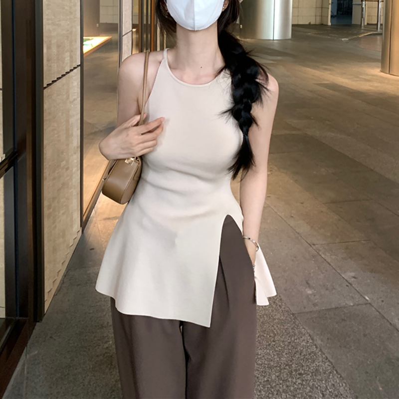 純欲風針織獨特别致小吊帶背心女夏季外穿修身開叉無袖甜辣小上衣