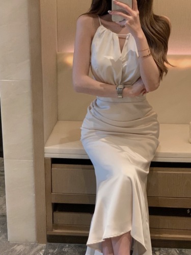 Real shot of white halterneck suspender dress for women summer satin fishtail high-end long skirt