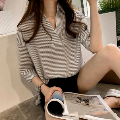 春夏裝新款mm大碼韓版寬鬆顯瘦條紋襯衫女七分袖上衣百搭休