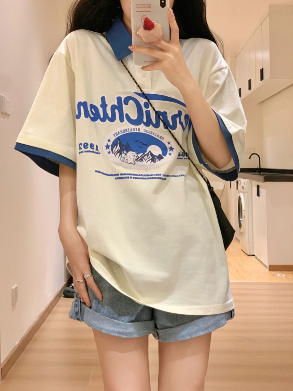 印花純棉210克精梳緊密後包領240斤大碼潮牌polo衫女