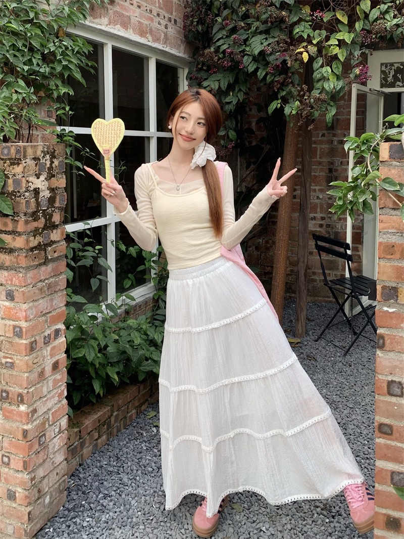 Actual shot ~ Long-sleeved knitted T-shirt for women, slim-fitting short pure lust top, halter neck suspender two-piece set