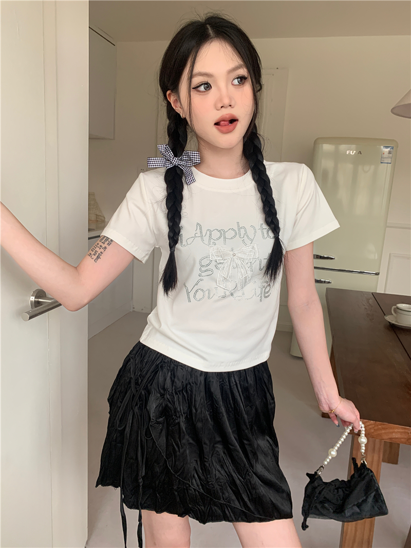 Actual shot of girl's hot diamond letters lace bow short-sleeved T-shirt