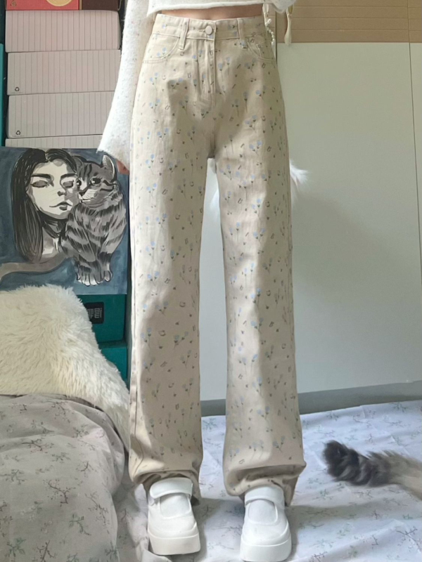 復古碎花闊腿牛仔褲女新款高腰顯瘦設計感穿搭小眾寬鬆直筒長褲子