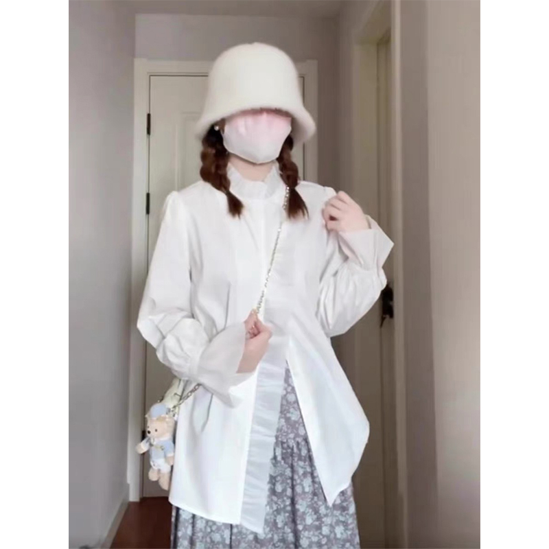 春季法式宮廷風木耳邊立領襯衫女設計感不規則上衣女