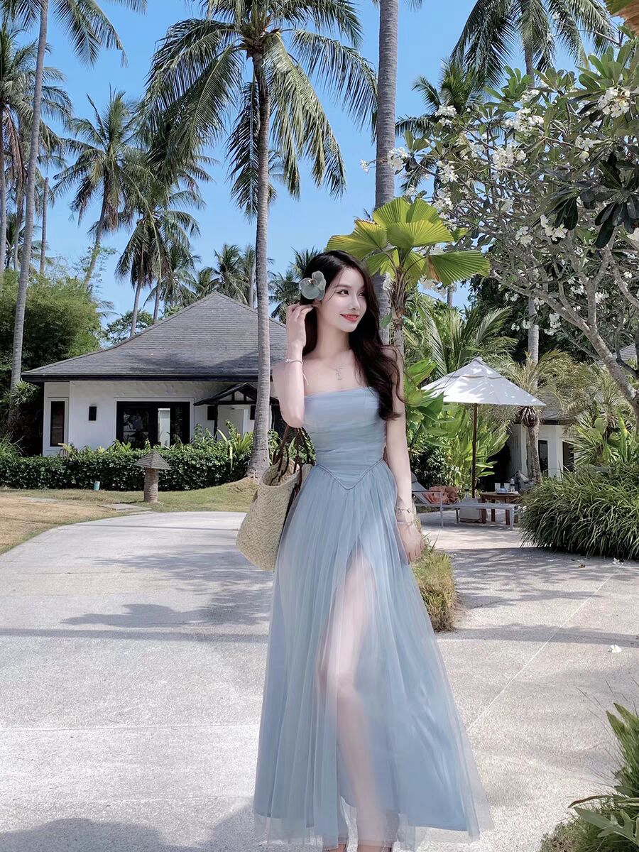 JustQin封神殺手鐧夏季美神藍色蕾絲裙性感連衣裙吊帶長裙女