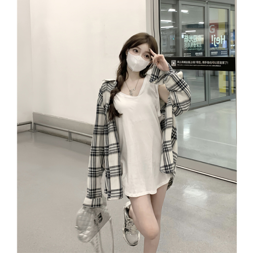韩版chic长袖格子衬衫外套女春季薄款防晒衬衣设计感小众上衣