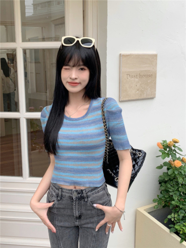Real shot rainbow striped puff sleeve round neck versatile short-sleeved sweater T-shirt top for women