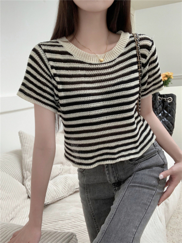 Real shot round neck striped hollow loose short-sleeved sweater T-shirt top for women