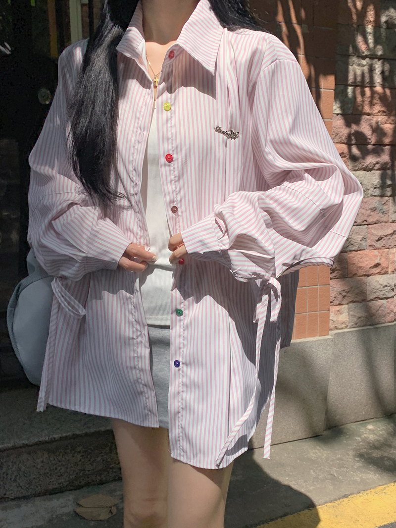 實拍 設計感小眾別致系帶彩色紐扣條紋襯衫女新款長袖開衫上衣