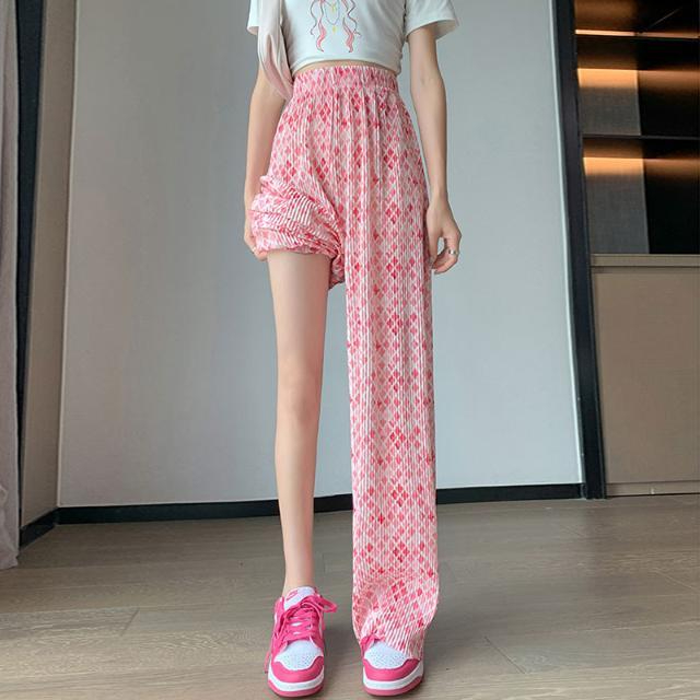 大碼女裝粉色碎花闊腿褲女壓褶風格新款軋染高腰拖地褲