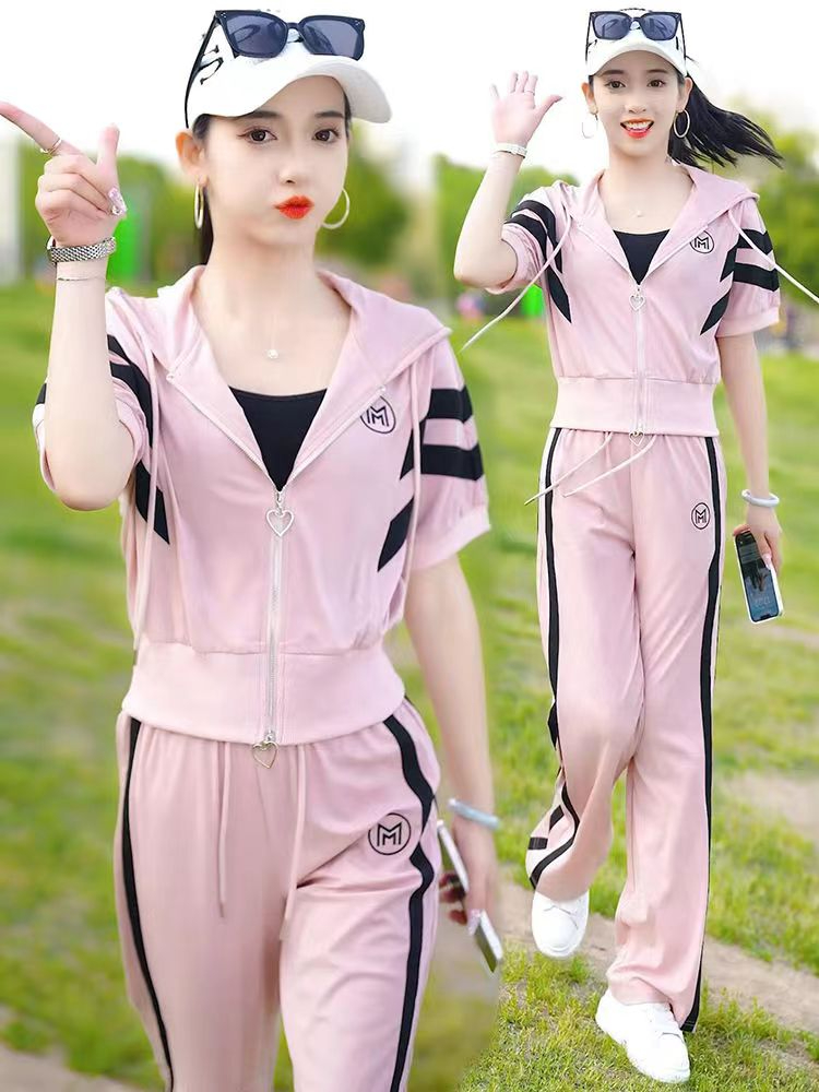 時尚休閒套裝女2024年夏季新款寬鬆減齡洋氣運動服闊腿褲兩件套