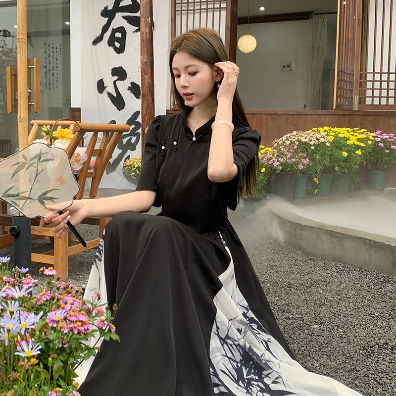 新中式大碼女裝X型連衣裙長裙中國風竹葉拼色大碼長裙