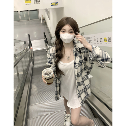 韩版chic长袖格子衬衫外套女春季薄款防晒衬衣设计感小众上衣