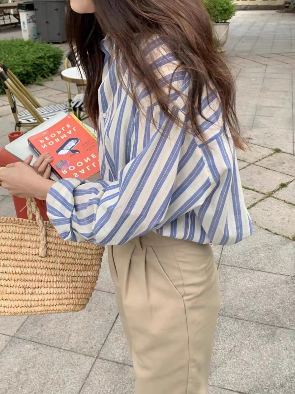 POLO領藍白條紋別致襯衫女早秋韓版設計感穿搭雪紡長袖襯衣