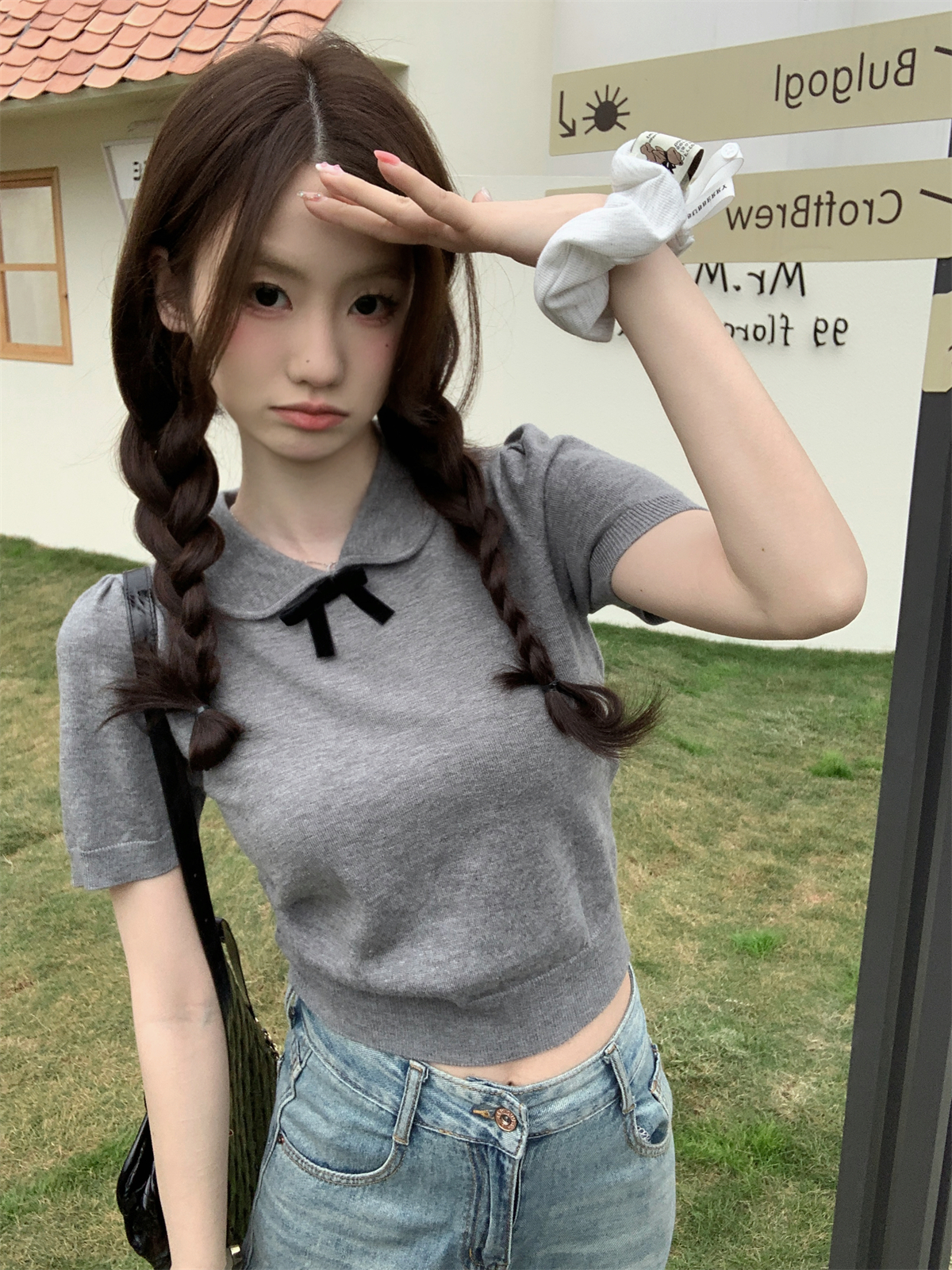 Real shot of summer Korean style doll collar age-reducing bow high-grade gray Andy velvet short-sleeved knitted top for women