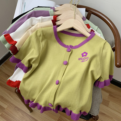 2024韩版夏季新款刺绣紫色短袖针织开衫上衣女