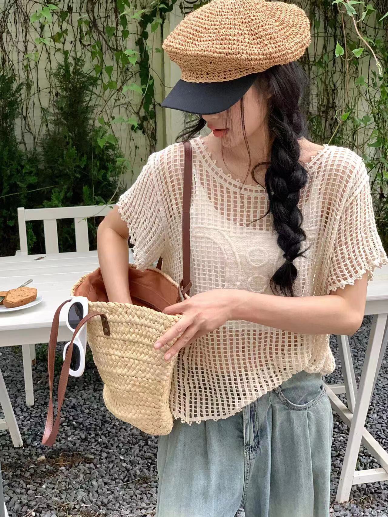 設計感鏤空防曬罩衫女網格短款t恤夏季吊帶外搭薄款辣妹針織上衣