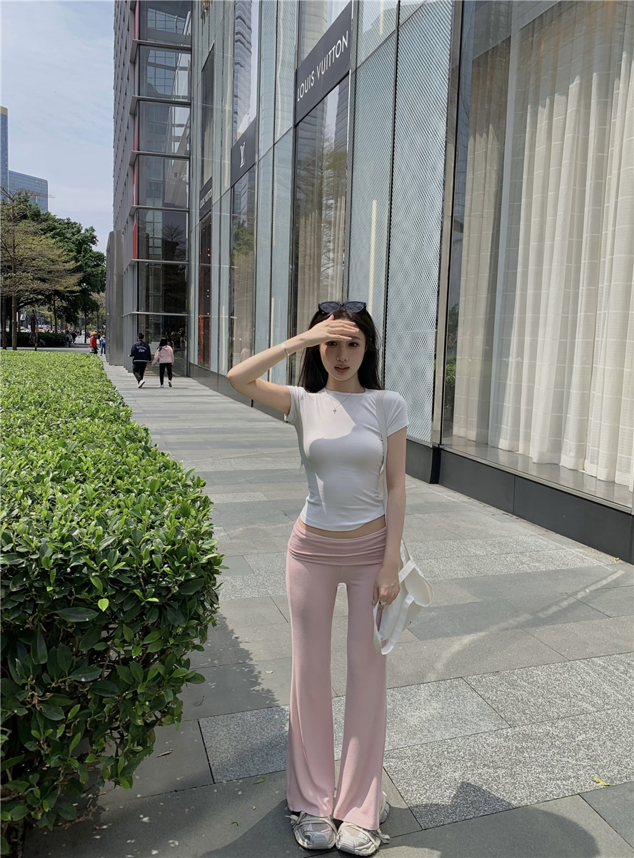 Real shots, real shots, slightly translucent, restrained, sweet and cool, slim-fitting short-sleeved t-shirt for women, trousers suit