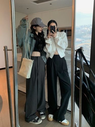 High-quality model~Spring and summer solid color slimming wide-leg pants without waist design simple casual drape straight trousers for women