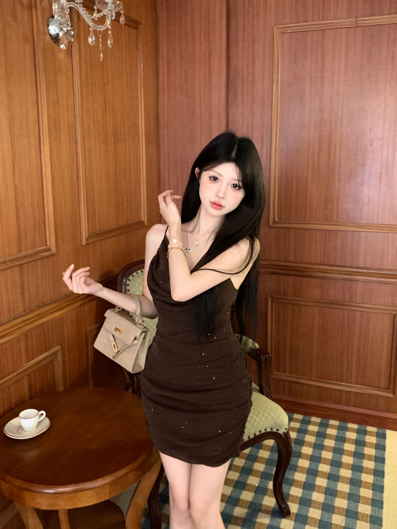 實拍 紫色咖啡色撒銀工藝性感網紗修身連衣裙顯瘦百搭吊帶裙