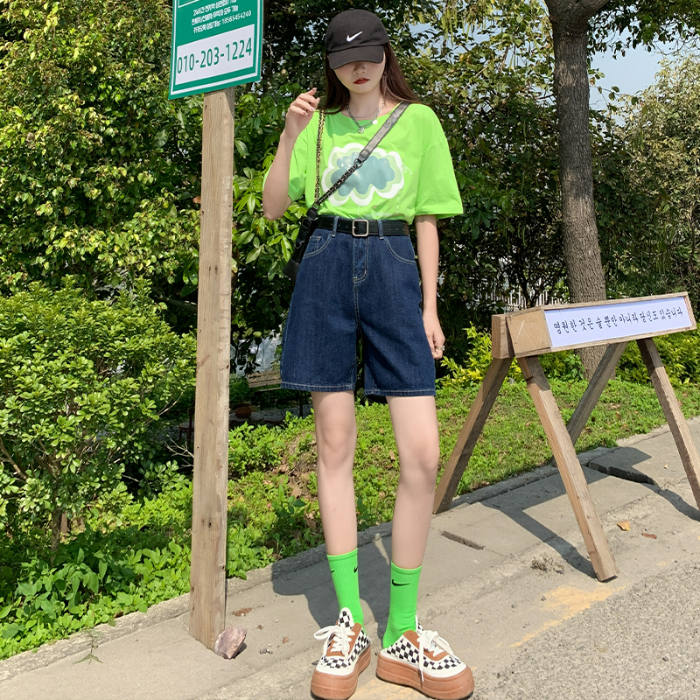 實拍 新款高腰顯瘦短褲女ins寬鬆直筒褲簡約百搭牛仔五分褲