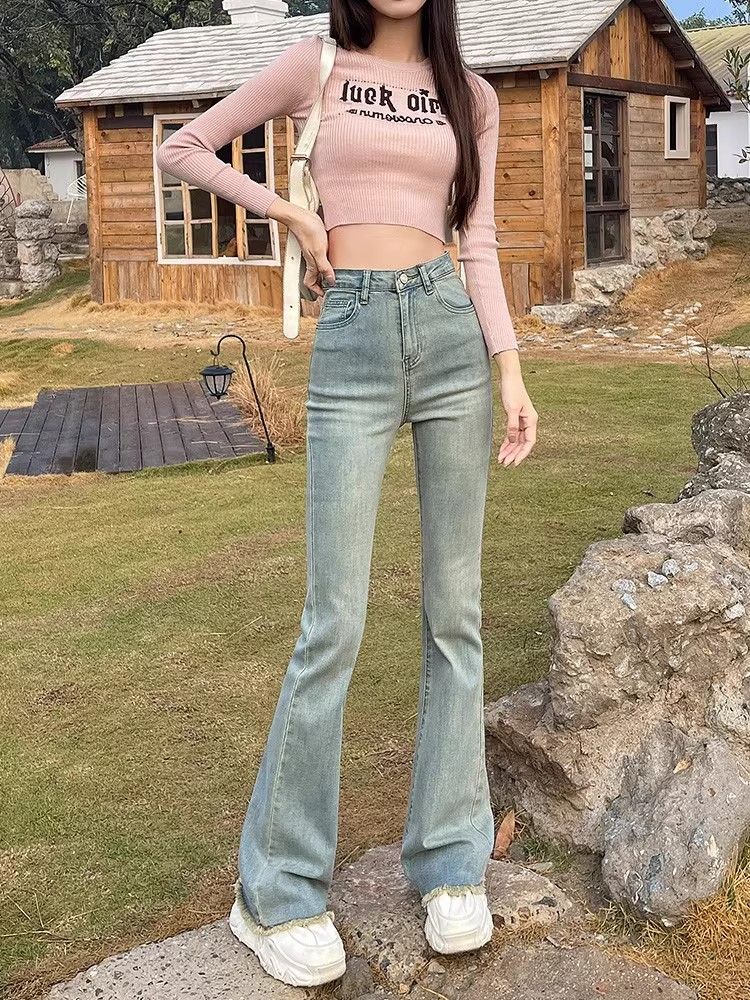 復古藍微喇牛仔褲女春季新款美式高街百搭毛邊設計高腰顯瘦喇叭褲