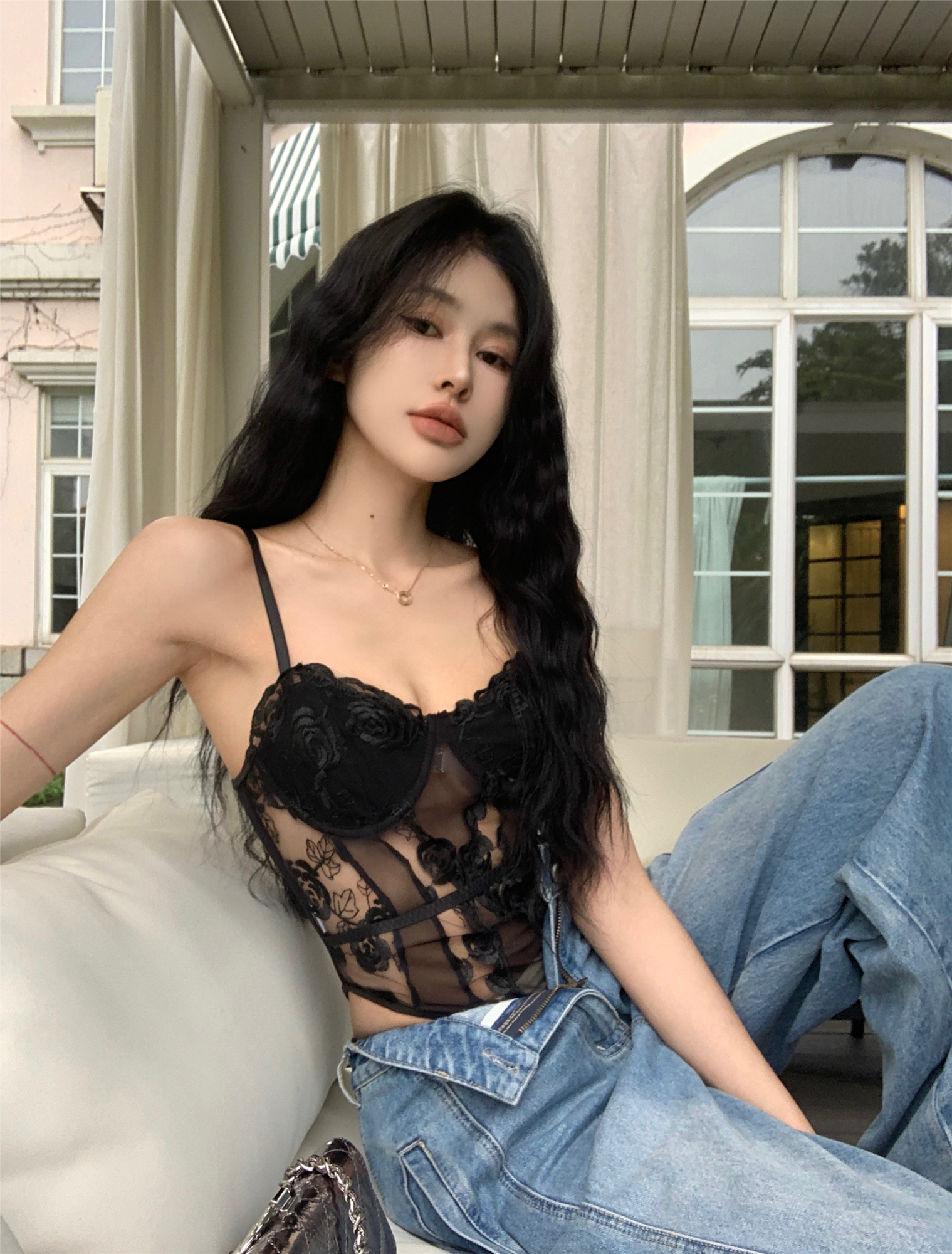 Real shot~Abstinence Rose Black lace mesh stitching breast strap sexy one-piece top