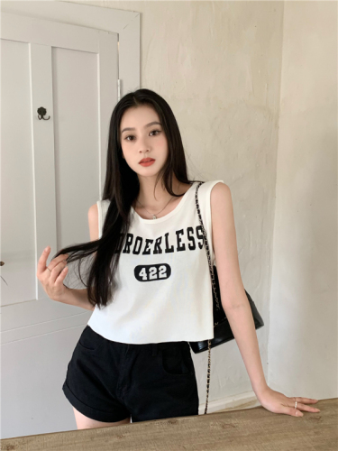 Real shot of sports vest T-shirt for women with hot girl lettering printed short outer sleeveless top