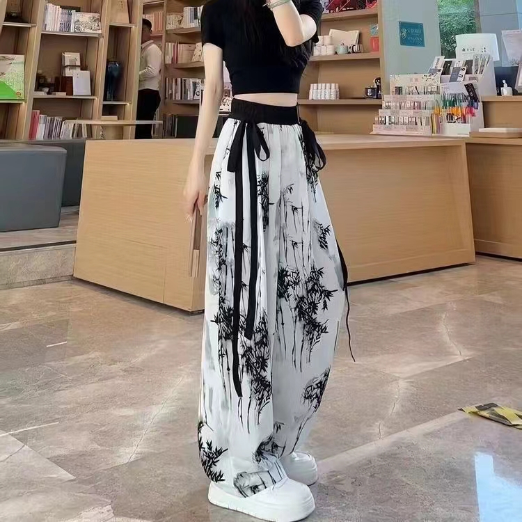 水墨竹子夏季透氣平紋段闊腿褲女薄款休閒飄帶垂感直筒拖地褲