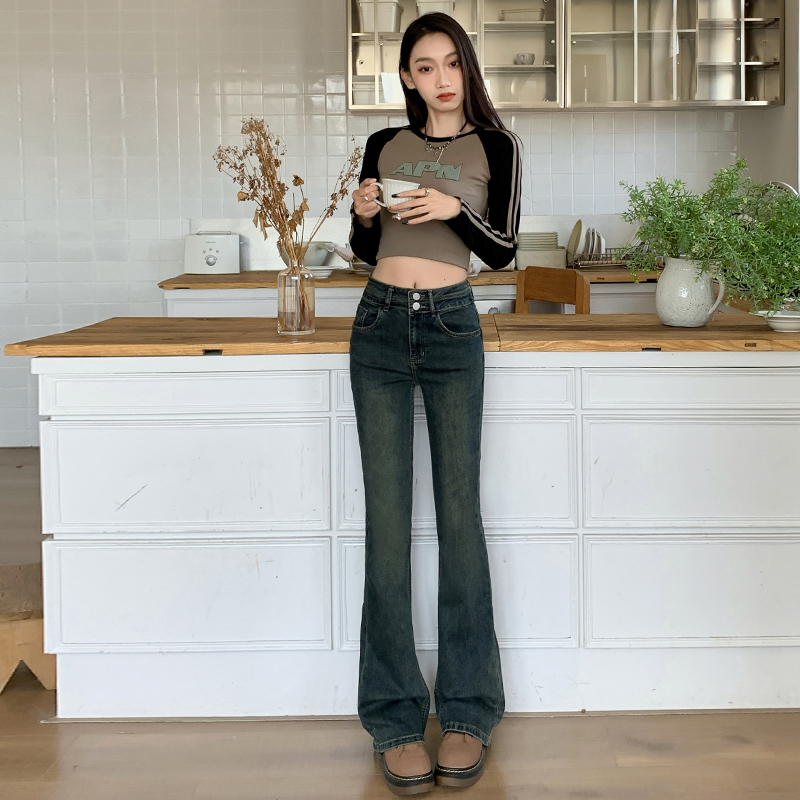 實拍 水泥灰微喇牛仔褲女小個子美式復古高腰顯瘦喇叭褲