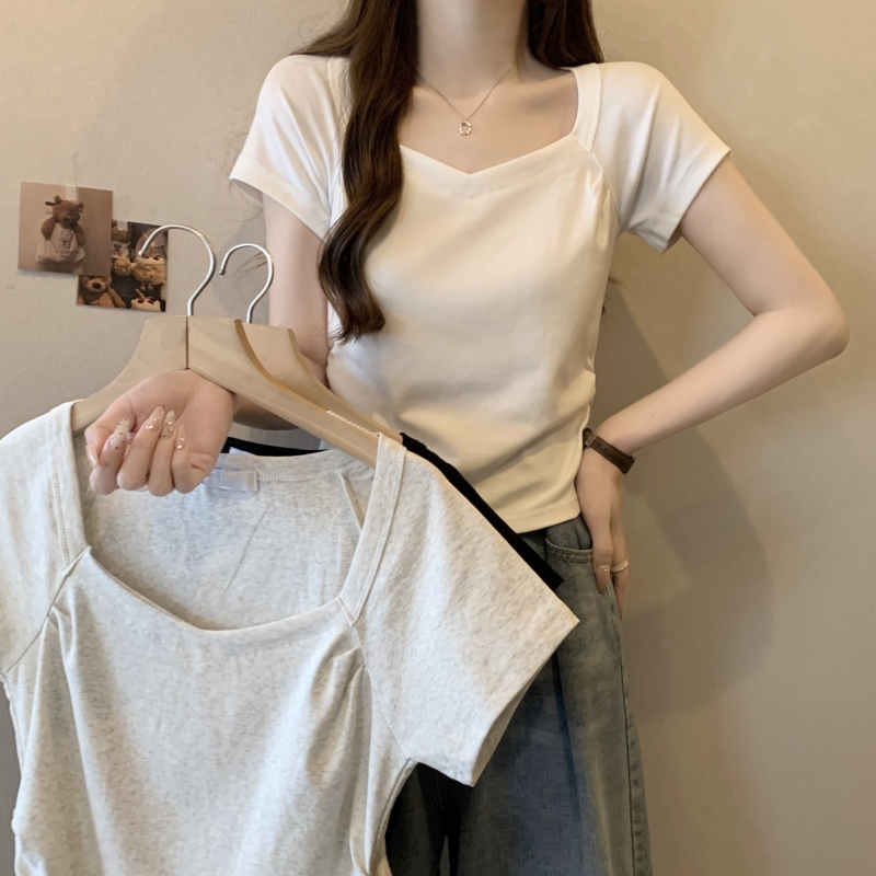 實拍 40支純棉 2024夏裝短袖T恤女修身上衣純色短款打底衫