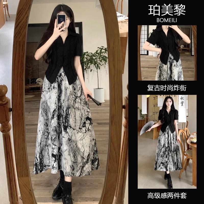 新中式氣質國風小眾套裝短袖襯衫女夏季水墨半身裙子設計感兩件套