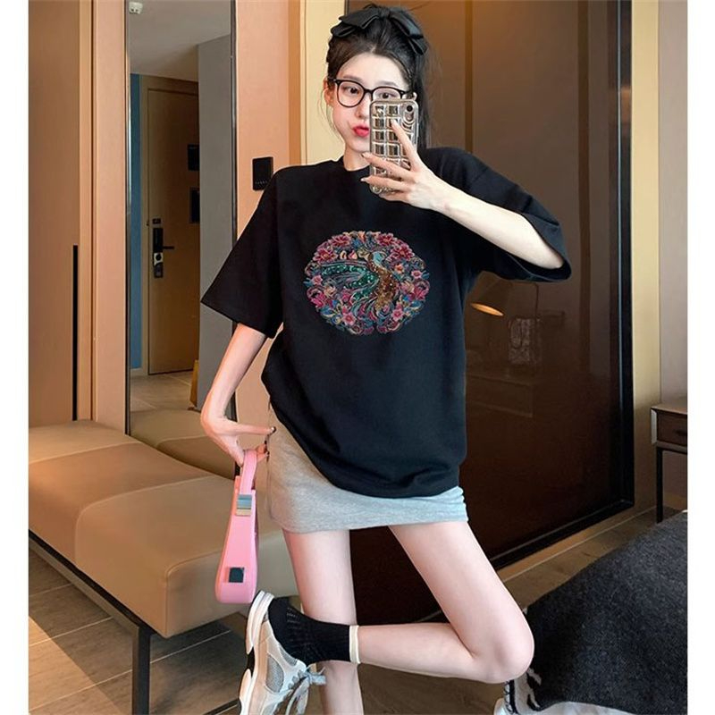 黑色國風復古短袖t恤女夏季高級感小眾寬鬆休閒小個子純棉上衣ins