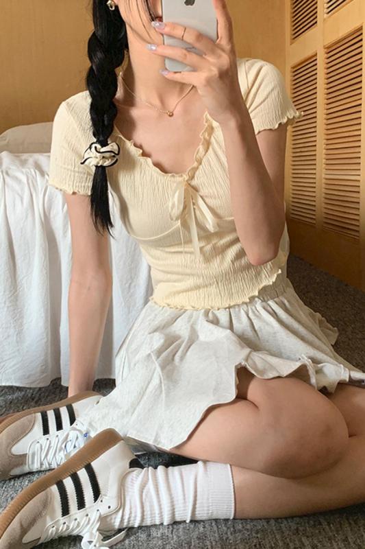官圖 正肩短款V領花邊T恤女抽繩設計感小眾半袖上衣夏季新款